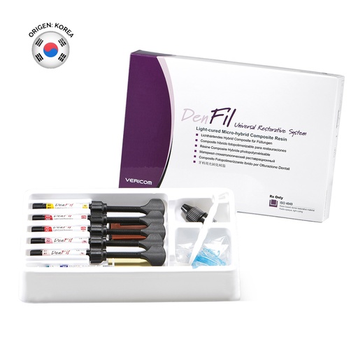 [C052480] Kit Composite DenFil, Resina híbrida fotocurable, (5 Jeringas de 4g + Adhesivo BC Plus + Grabador + Accesorios). VERICOM