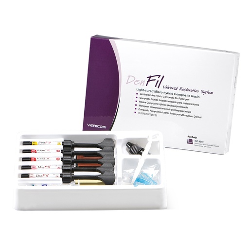 [C052480] Kit Composite DenFil, Resina híbrida fotocurable, (5 Jeringas de 4g + Adhesivo BC Plus + Grabador + Accesorios). VERICOM